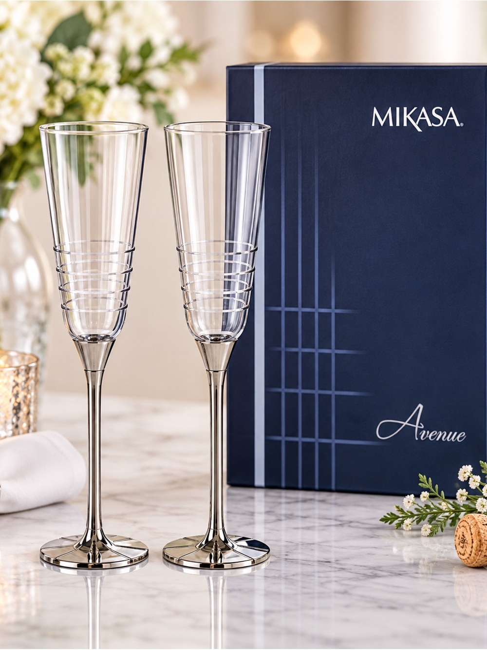 Mikasa Avenue Silver Toasting Flutes Set of 2 Champagne Glasses NIB